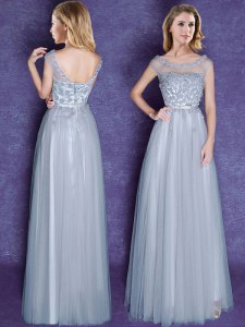 Best Selling Scoop Grey Cap Sleeves Tulle Lace Up Quinceanera Court Dresses for Prom and Party and Wedding Party
