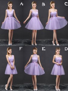 Perfect Mini Length Lace Up Quinceanera Court of Honor Dress Lavender for Prom and Party and Wedding Party with Lace and Appliques and Belt