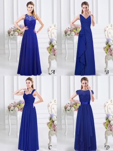 Royal Blue Chiffon Zipper V-neck Sleeveless Floor Length Wedding Guest Dresses Lace and Ruffles and Ruching