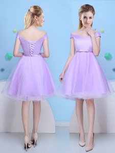 Custom Design V-neck Cap Sleeves Wedding Party Dress Knee Length Bowknot Lavender Tulle