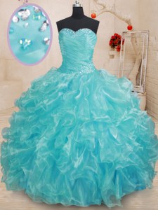 Discount Aqua Blue Sweetheart Neckline Beading and Ruffles Sweet 16 Dress Sleeveless Lace Up