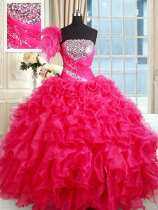 Stylish Organza Strapless Sleeveless Lace Up Sequins Vestidos de Quinceanera in Hot Pink