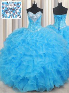 Baby Blue Organza Lace Up Sweetheart Sleeveless Floor Length Quinceanera Dresses Beading and Ruffled Layers