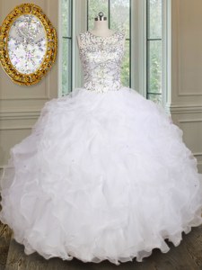 Hot Sale Scoop Sleeveless Lace Up Sweet 16 Dress White Organza