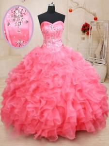 Excellent Sleeveless Organza Floor Length Lace Up Vestidos de Quinceanera in Pink with Beading and Ruffles