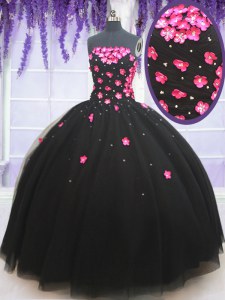 Chic Black Ball Gowns Beading and Appliques Quinceanera Dresses Lace Up Tulle Sleeveless Floor Length