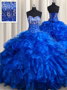 Royal Blue Quinceanera Dress Organza Brush Train Sleeveless Beading and Ruffles