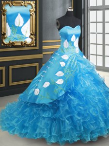 Inexpensive Baby Blue Sleeveless With Train Embroidery and Ruffled Layers Lace Up Quinceanera Gown