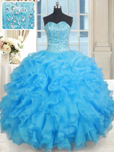 Charming Sleeveless Floor Length Beading Lace Up Ball Gown Prom Dress with Baby Blue