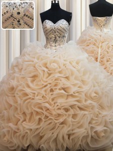 Fantastic Champagne Lace Up 15th Birthday Dress Beading Sleeveless Brush Train