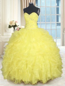 Yellow Ball Gowns Sweetheart Sleeveless Organza Floor Length Lace Up Beading and Ruffles Quinceanera Dresses