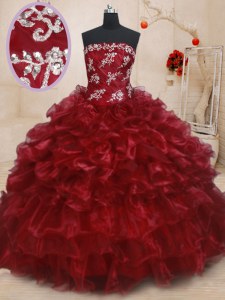 Strapless Sleeveless Sweet 16 Quinceanera Dress Floor Length Beading and Ruffles and Ruffled Layers Burgundy Organza