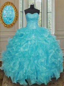 Aqua Blue Ball Gowns Organza Sweetheart Sleeveless Beading and Ruffles Floor Length Lace Up Quinceanera Gown