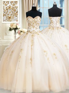 Champagne Tulle Lace Up Sweetheart Sleeveless Floor Length Quince Ball Gowns Beading