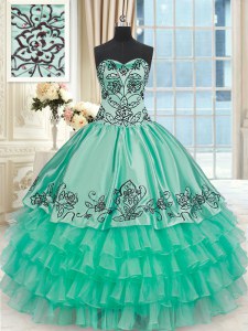 Sexy Turquoise Organza and Taffeta Lace Up Sweet 16 Dress Sleeveless Floor Length Embroidery and Ruffled Layers