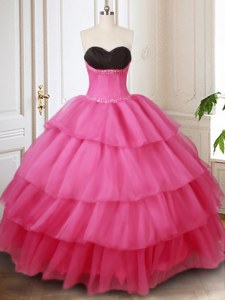 Ruffled Sweetheart Sleeveless Lace Up Quinceanera Dress Hot Pink Organza