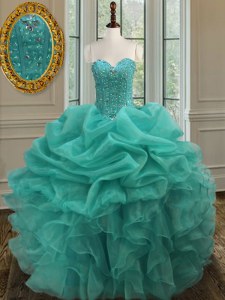 Dramatic Organza Sweetheart Sleeveless Lace Up Beading and Ruffles and Pick Ups Sweet 16 Quinceanera Dress in Turquoise
