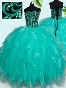 Most Popular Turquoise Lace Up Sweetheart Beading and Ruffles 15 Quinceanera Dress Organza Sleeveless