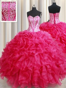 Popular Hot Pink Sweetheart Neckline Beading and Ruffles Ball Gown Prom Dress Sleeveless Lace Up