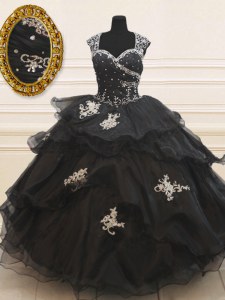 Stylish Black Ball Gowns Strapless Cap Sleeves Organza Floor Length Zipper Beading and Appliques and Ruffles Sweet 16 Dresses
