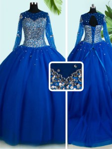 Fashionable Scoop Long Sleeves Tulle 15th Birthday Dress Beading Brush Train Lace Up
