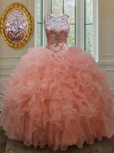 Flare Scoop See Through Sleeveless Lace Up Floor Length Beading and Ruffles 15 Quinceanera Dress