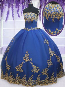 Edgy Strapless Sleeveless Organza Vestidos de Quinceanera Appliques Zipper