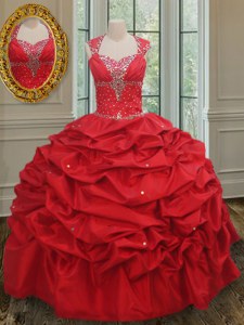 Extravagant Straps Red Taffeta Lace Up Quinceanera Dress Cap Sleeves Floor Length Beading and Pick Ups