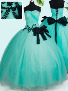 Admirable Turquoise Sleeveless Beading and Bowknot Floor Length 15th Birthday Dress