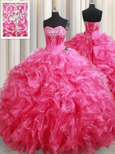 Hot Pink Ball Gowns Sweetheart Sleeveless Organza With Brush Train Lace Up Beading and Ruffles Sweet 16 Dress