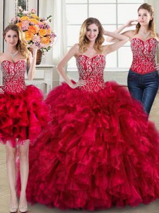 Three Piece Sleeveless Beading and Ruffles Lace Up Sweet 16 Dresses with Red Brush Train