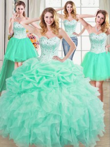 Four Piece Beading and Ruffles and Pick Ups 15 Quinceanera Dress Apple Green Lace Up Sleeveless Floor Length