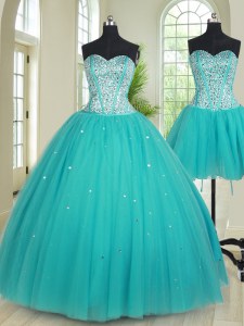 Wonderful Three Piece Sweetheart Sleeveless Lace Up Quinceanera Dresses Aqua Blue Tulle