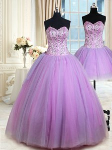 Three Piece Sweetheart Sleeveless Tulle Sweet 16 Dresses Beading Lace Up