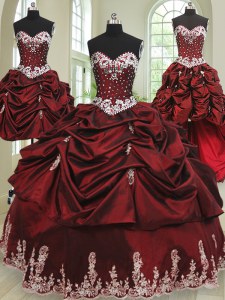 Sexy Four Piece Floor Length Wine Red Sweet 16 Dress Taffeta Sleeveless Beading and Appliques and Pick Ups