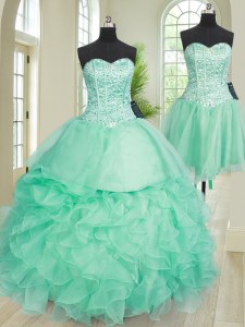 Popular Three Piece Floor Length Ball Gowns Sleeveless Turquoise 15th Birthday Dress Lace Up