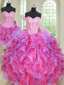 Three Piece Multi-color Organza Lace Up 15th Birthday Dress Sleeveless Floor Length Beading and Ruffles
