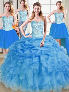 Modest Four Piece Sleeveless Beading and Ruffles and Pick Ups Lace Up Quinceanera Gowns