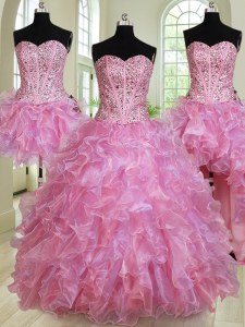 Best Four Piece Sweetheart Sleeveless Organza Quince Ball Gowns Beading and Ruffles Lace Up