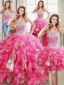 Four Piece Sleeveless Organza Floor Length Lace Up 15 Quinceanera Dress in Hot Pink with Beading and Ruffles and Sequins