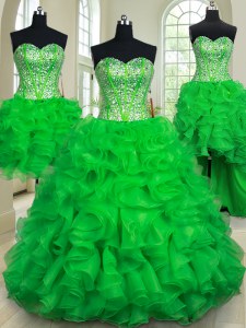 Four Piece Green Ball Gowns Sweetheart Sleeveless Organza Floor Length Lace Up Beading and Ruffles Quince Ball Gowns