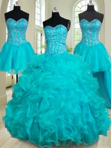 Four Piece Floor Length Lace Up Quinceanera Gowns Teal for Military Ball and Sweet 16 and Quinceanera with Beading and Ruffles