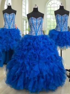 Attractive Four Piece Floor Length Ball Gowns Sleeveless Royal Blue Sweet 16 Quinceanera Dress Lace Up