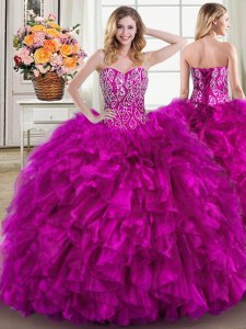 Lace Up Quinceanera Gowns Fuchsia for Military Ball and Sweet 16 and Quinceanera with Beading and Ruffles Brush Train
