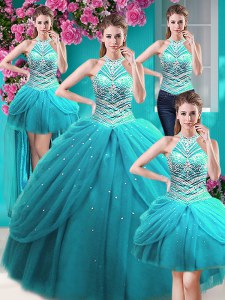 Four Piece Halter Top Sleeveless Sweet 16 Dresses Floor Length Beading and Pick Ups Aqua Blue Tulle