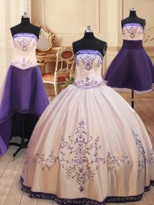 Classical Four Piece White Ball Gowns Strapless Sleeveless Satin Floor Length Zipper Beading and Embroidery Quinceanera Dress