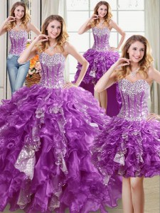 High Class Four Piece Purple Sleeveless Beading and Ruffles and Sequins Floor Length Quince Ball Gowns
