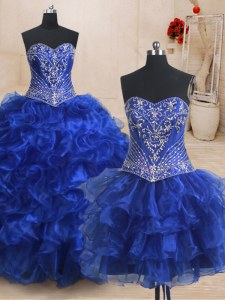 Three Piece With Train Ball Gowns Sleeveless Royal Blue Quinceanera Dress Brush Train Lace Up