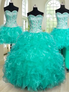 Excellent Four Piece Turquoise Lace Up Sweetheart Beading and Ruffles Quinceanera Dress Organza Sleeveless