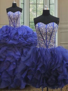 Deluxe Three Piece Sleeveless Lace Up Floor Length Beading and Ruffles Sweet 16 Dresses